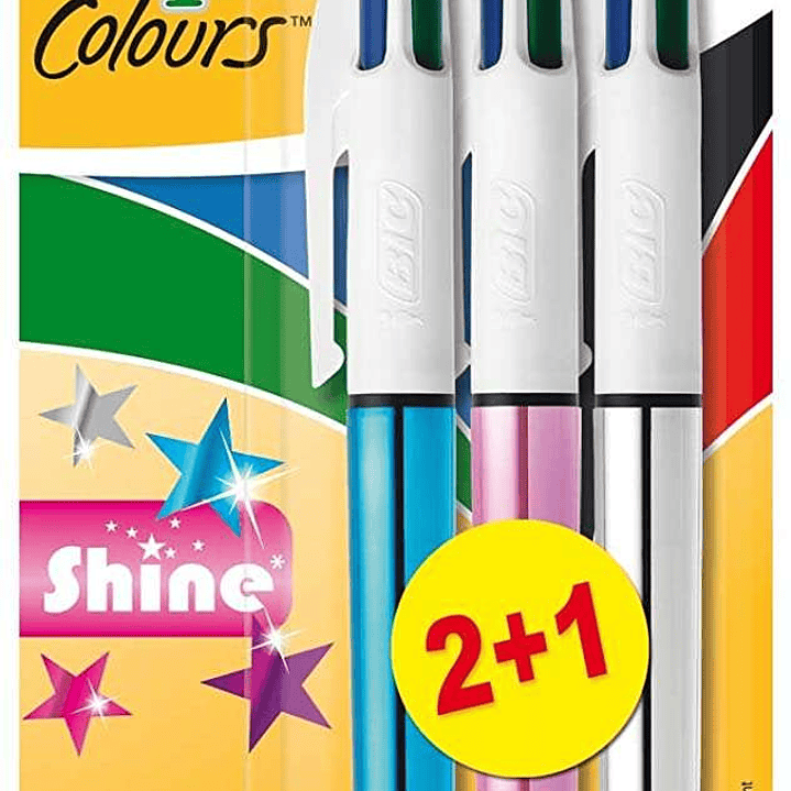 Bic 4 Colours Shine 2+1 Pack de 3 Boligrafos de Bola Retractil - Punta Media de 1.0mm - Tinta con Base de Aceite - Cuerpo de Colores Metalicos Surtido 1
