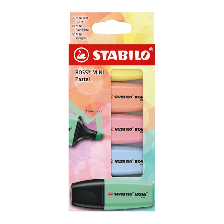 Stabilo Boss Mini Pastel Pack de 5 Marcadores Fluorescentes - Trazo entre 2 y 5mm - Tinta con Base de Agua - Antisecado - Colores Verde, Rosa, Azul, N 1