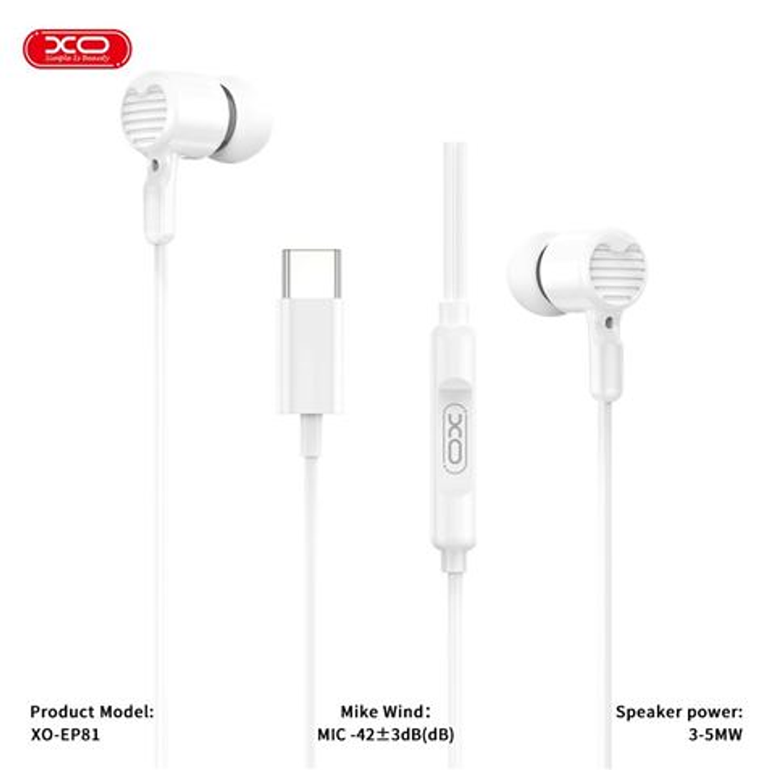 XO EP81 Auriculares Intrauditivos con Microfono - Conexion USB-C - Cable de 1.20m - Color Blanco 1
