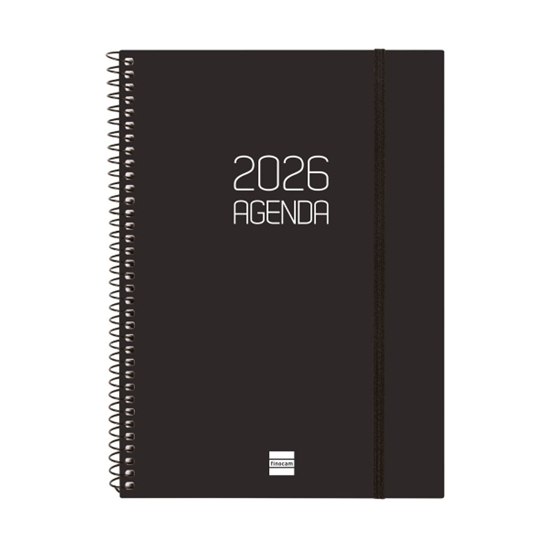 Finocam Opaque Agenda de Espiral - Anual 2026 - Tapa Ligera - Cierre con Goma Elastica - Formato E10 - 162x14x212mm - Semana Vista Horizontal - Color  1