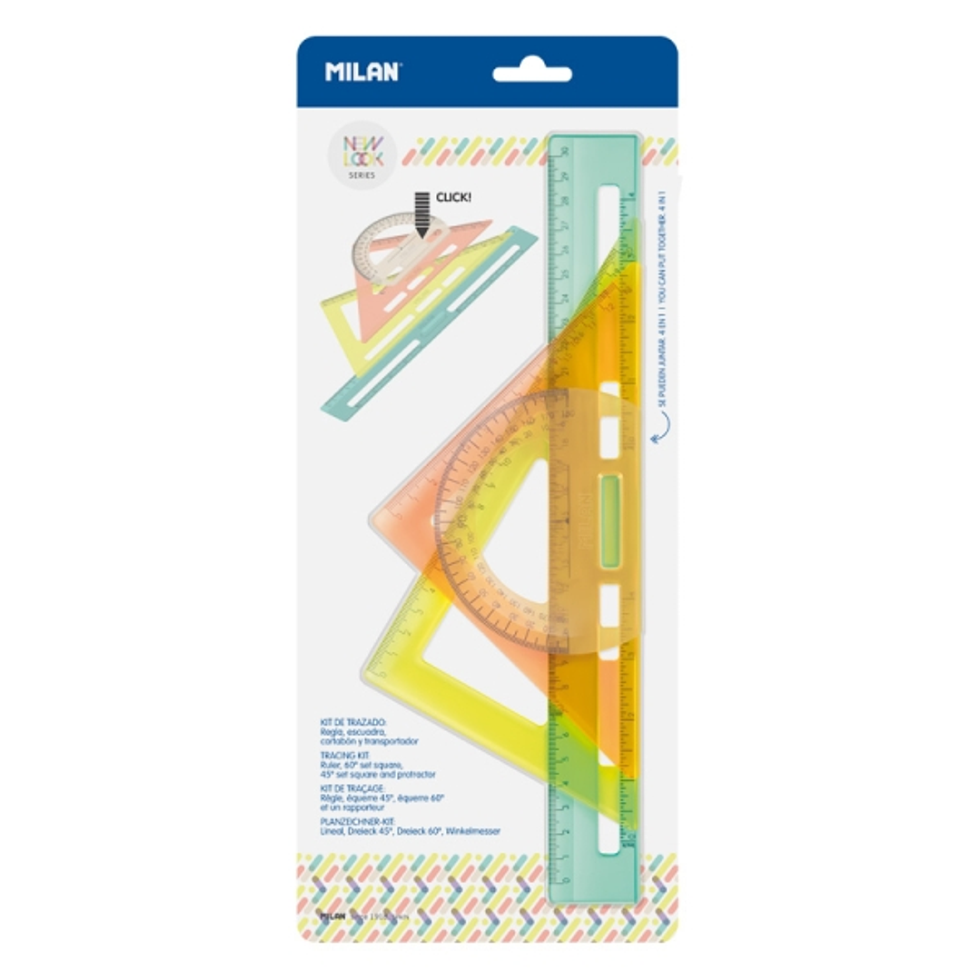 Milan New Look Pack de Reglas de Trazado - Plastico Rigido - Transparente - Centimetros y Pulgadas - Colores Surtidos 1