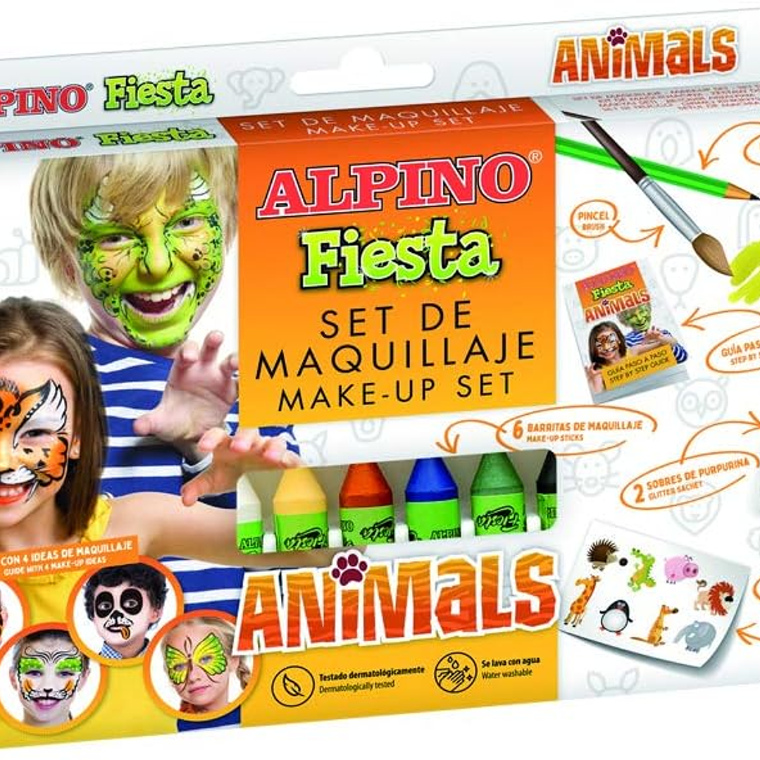 Alpino Fiesta Animales Pack de Maquillaje con 6 Barritas de Pintura Facial + Pincel + Tatuajes en Calcomania + Lapiz Perfilador y 2 Sobres de Purpurin 1