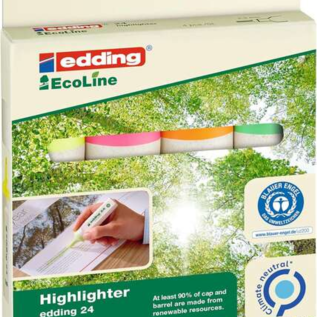 Edding 24 EcoLine Pack de 4 Marcadores Fluorescentes - Punta Biselada - Trazo entre 2-5mm - 90% de Plastico Reciclado - Etiqueta Ecologica Blue Angel  1