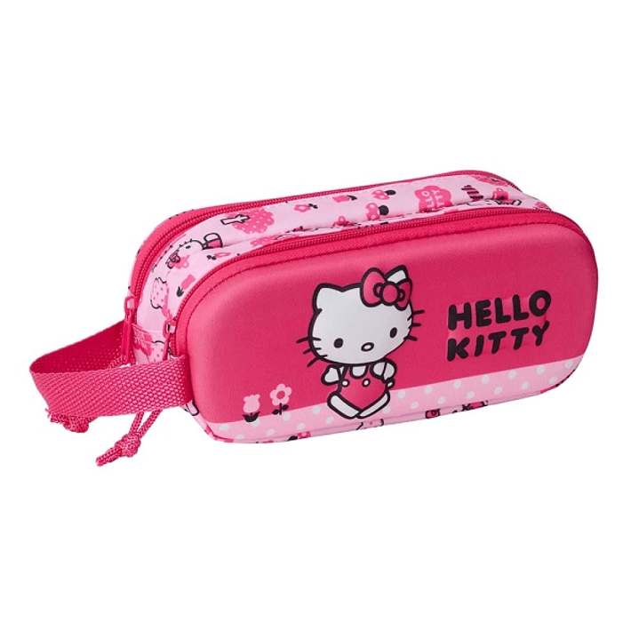 Safta Hello Kitty Estuche Portatodo 3D de 1L - 2 Compartimentos - Cierre de Cremallera - Asa de Mano - 21x8x6cm - Color Rosa 1