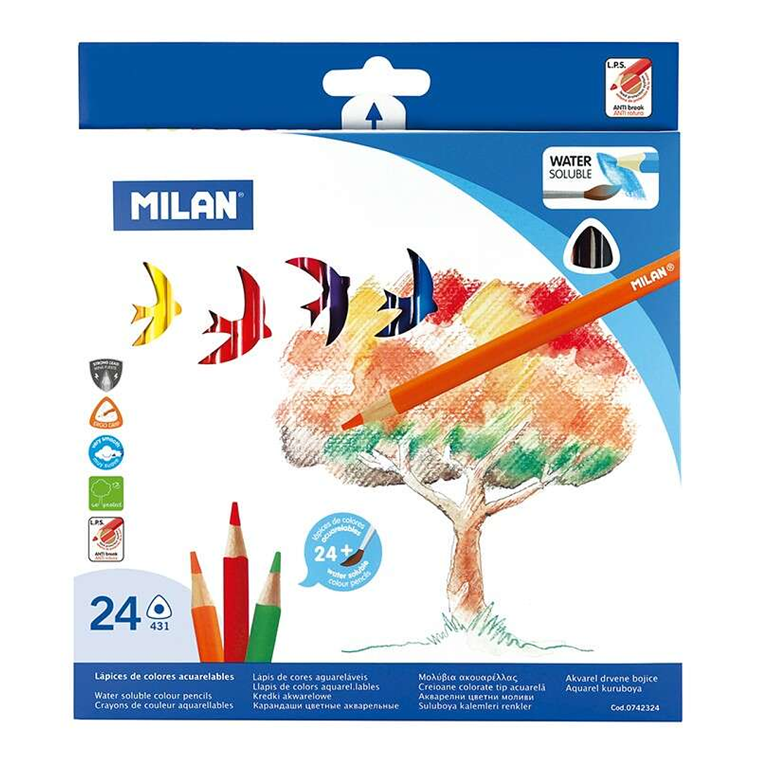 Milan Pack de 24 Lapices Triangulares Acuarelables + Pincel - Mina 2.9mm - Trazo Uniforme - Resistente a la Rotura - Colores Surtidos 1