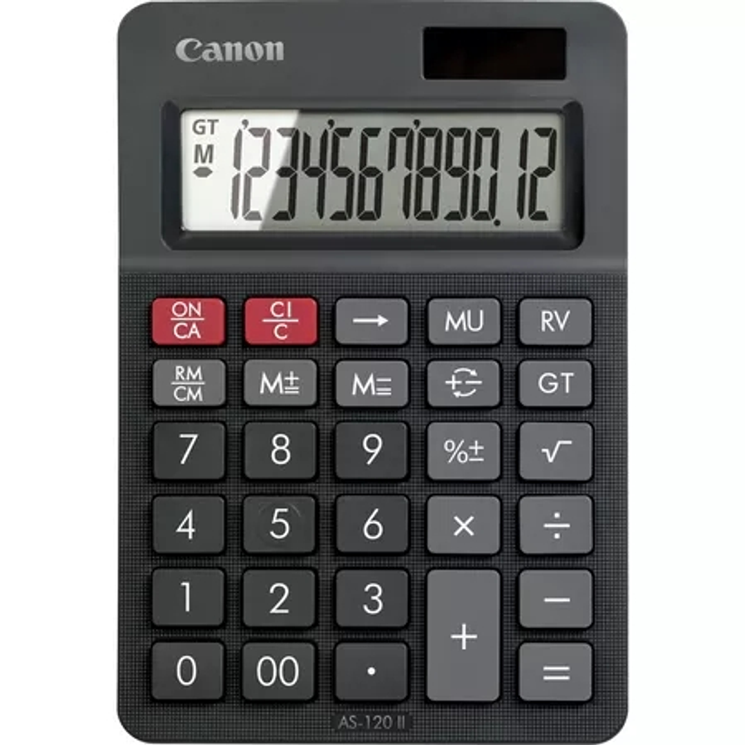 Canon AS-120 II Calculadora de Sobremesa con Pantalla LCD de 12 Digitos - Funciones de Marcacion, Inversion y Memoria de Gran Total - Alimentacion Sol 1