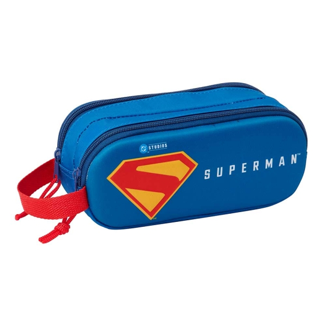 Safta Superman Estuche Portatodo 3D - 2 Compartimentos - Cierre de Cremallera - Asa de Mano - 21x8x6cm - Color Rojo y Azul 1