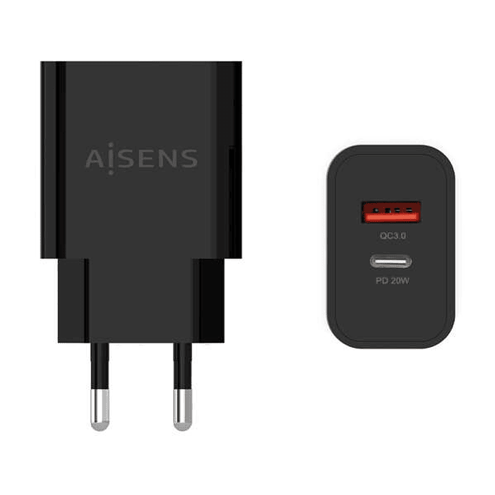 Aisens Cargador 20W - 1xUSB-C PD3.0 - 1xUSB-A QC3.0 - Color Negro 1