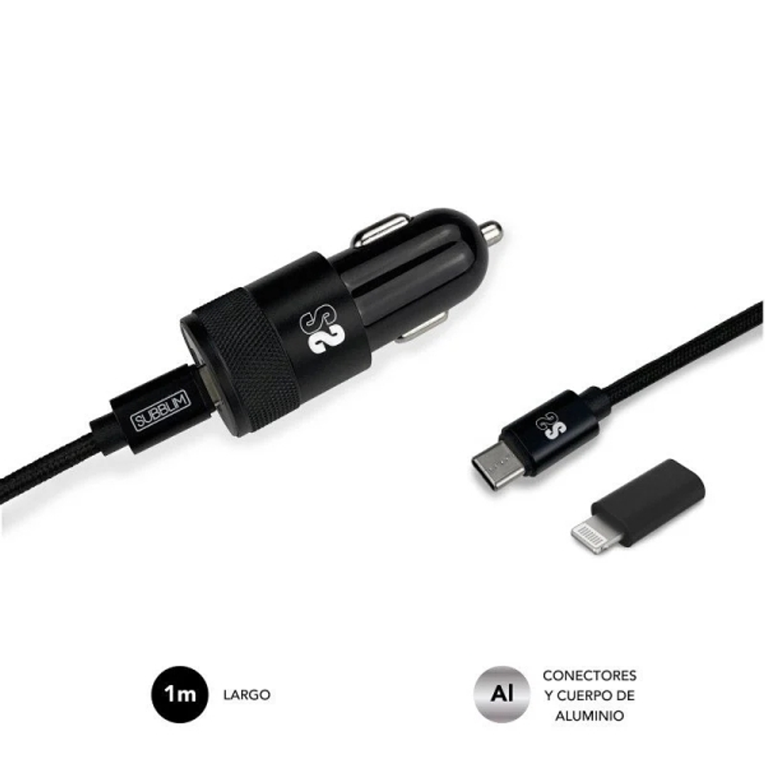 Subblim Cargador Coche Dual PD20W+QC3.0+C to C/Lightning cable - Carga Rápida - 2 Puertos USB C + USB A - Cable USB C reversible con adaptador Lightni 1