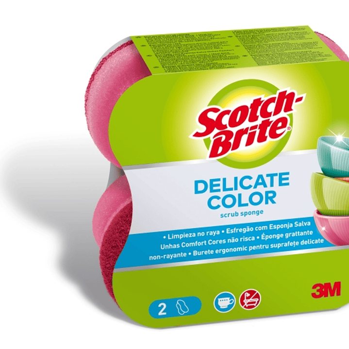 Scotch-Brite Delicate Color Pack de 2 Estropajos de Cocina - Proteccion para los Dedos - No Raya - Color Rosa 1