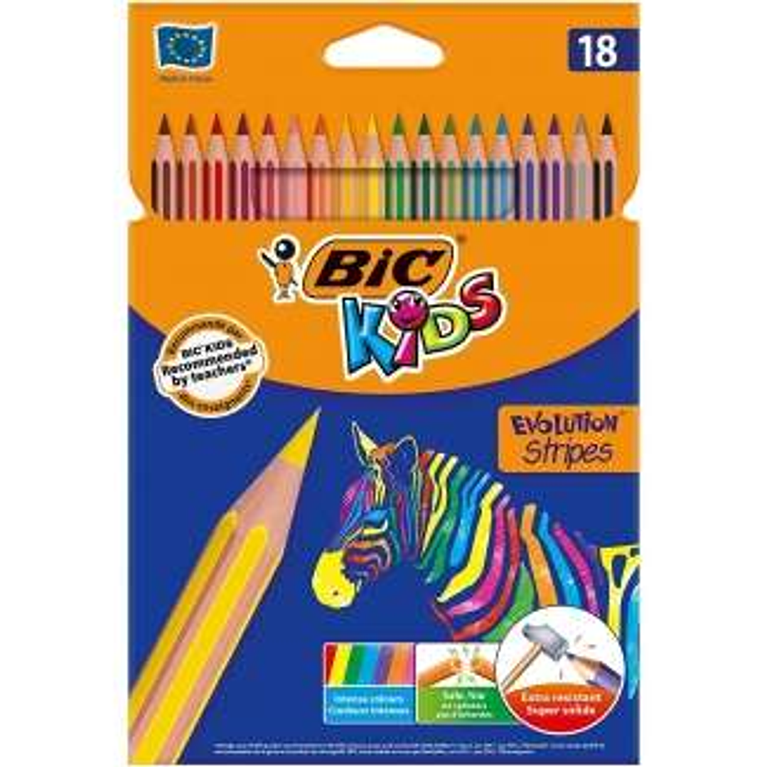Bic Kids Evolution Stripes Caja de 18 Lapices de Colores surtidos - Fabricados en Resina - Punta Ultraresistente - Mina Pigmentada de 3.20 mm 1
