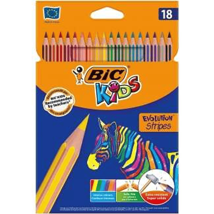 Bic Kids Evolution Stripes Caja de 18 Lapices de Colores surtidos - Fabricados en Resina - Punta Ultraresistente - Mina Pigmentada de 3.20 mm 1