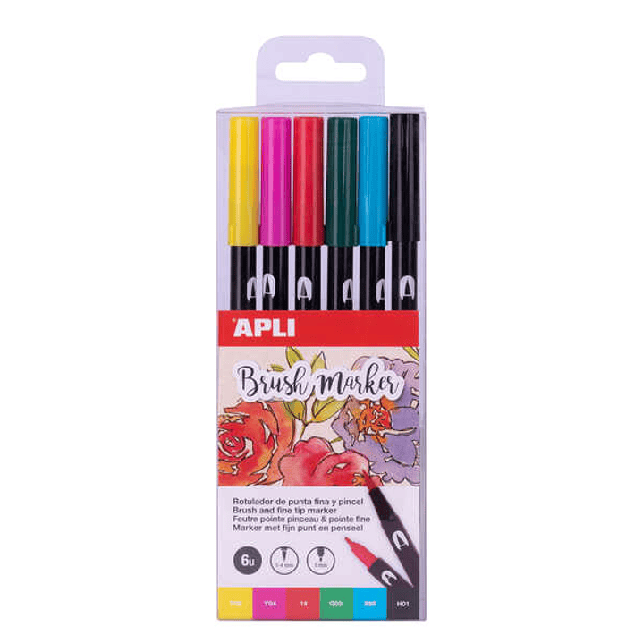 Apli Brush Marker Pack de 6 Rotuladores Acuarelables de Doble Punta - Punta Pincel de 1-4mm y Punta Redonda de 1mm - Tinta Base de Agua Inodora y No T 1
