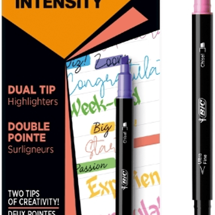 Bic Intensity Dual Tip Pack de 6 Rotuladores Doble Punta - Punta de Biselada + Punta Fina 0.04mm - Tinta con Base de Agua - Colores Surtidos 1