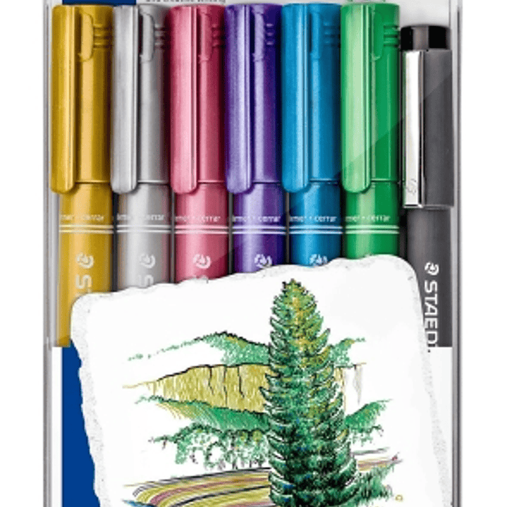 Staedtler Metallic Pen Pack de 6 Rotuladores de Punta Fina Trazo 1 - 2mm + Rotulador Pigment Liner Trazo 0.3 - 2mm - Tinta Base de Agua - Colores Surt 1