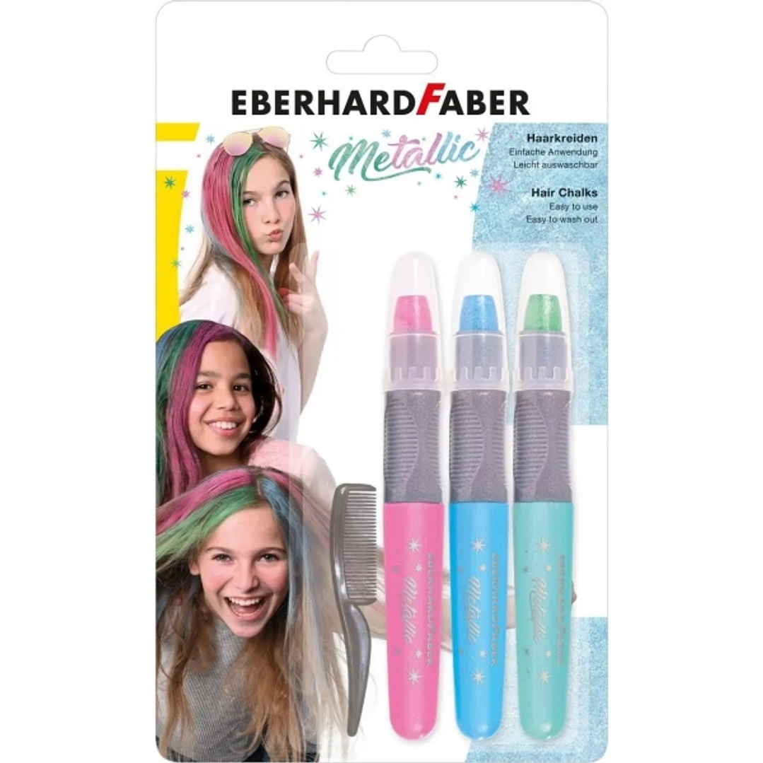 Eberhard Faber Pack de 3 Tizas Metallic para el Cabello + 1 Mini Peine - Aplicar sobre el Cabello Seco - Utilice el Peine para Dispensar el Color - Fa 1