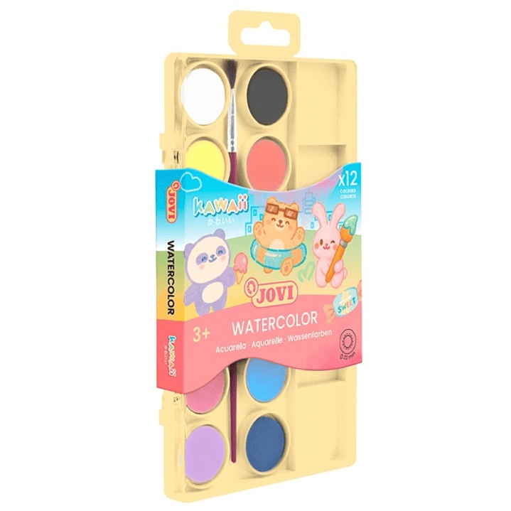 Jovi Kawaii Pack de 12 Acuarelas en Pastilla 22mm + Pincel - Facilmente Mezclables - Colores Kawaii Surtidos 1