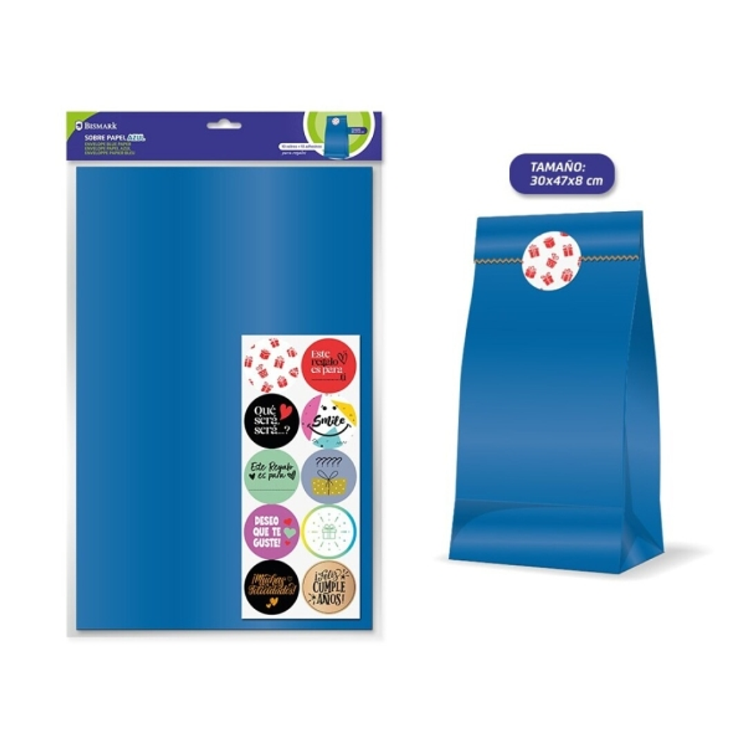 Bismark Pack de 10 Sobres Papel Kraft 50grs con 10 Pegatinas para Cierre - Medidas 30x47x8cm - Ideal para Regalos - Color Azul 1