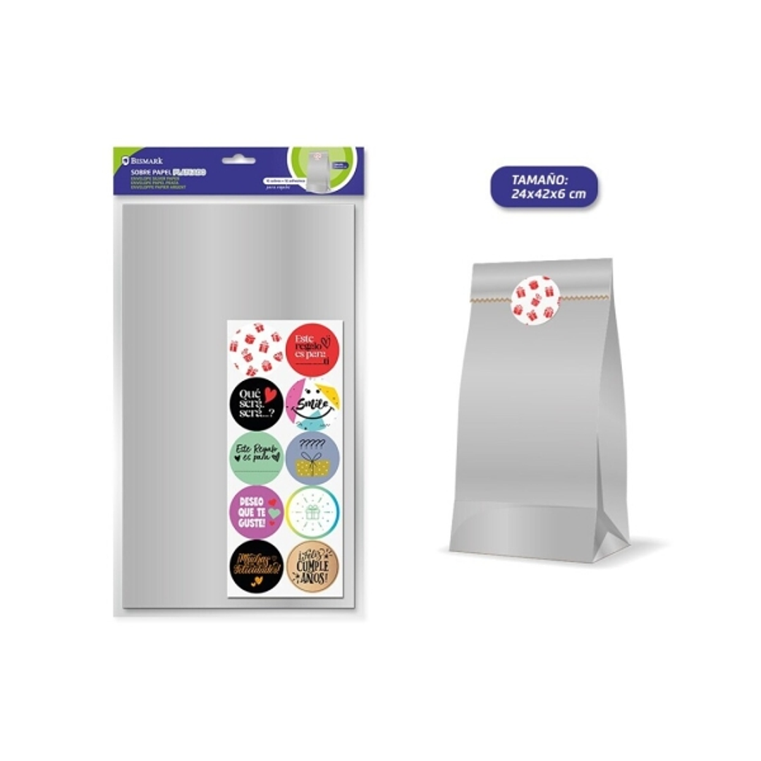 Bismark Pack de 10 Sobres Papel Kraft 50grs con 10 Pegatinas para Cierre - Medidas 24x42x6cm - Ideal para Regalos - Color Plata 1