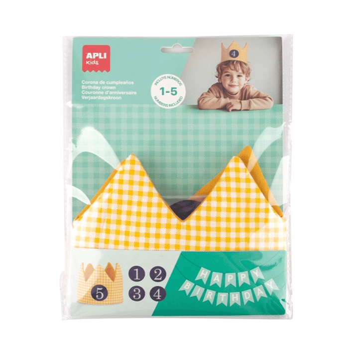 Apli Kids Corona de Cumpleaños - Con Numeros del 1 al 5 - Ajustable y Reversible - Fabricada en Tela - Color Amarillo y con Cuadros 1