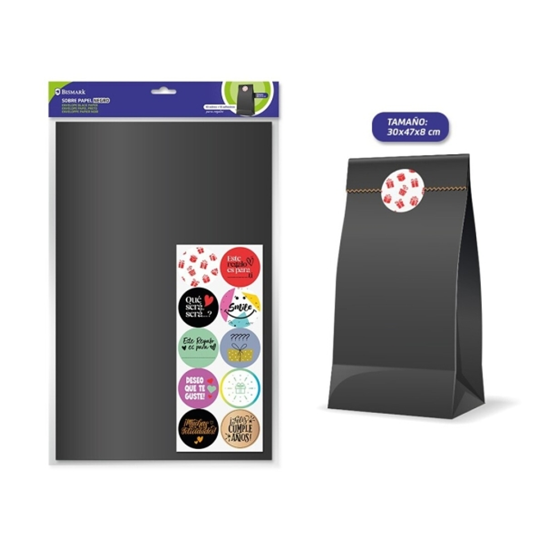 Bismark Pack de 10 Sobres Papel Kraft 50grs con 10 Pegatinas para Cierre - Medidas 30x47x8cm - Ideal para Regalos - Color Negro 1