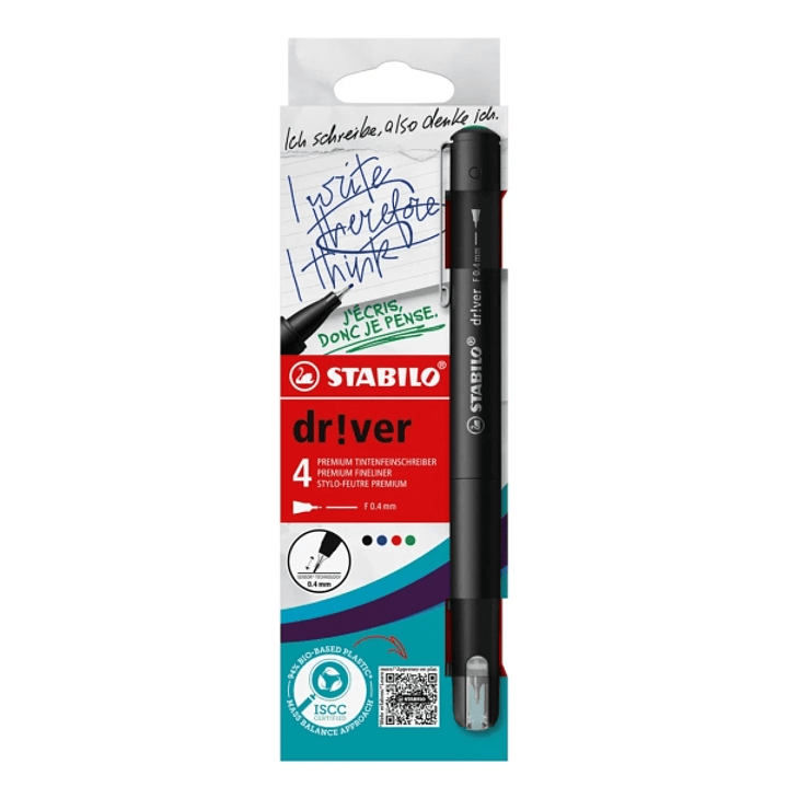 Stabilo Dr!ver Pack de 4 Rotuladores de Punta Fina 0.4mm - Tinta a Prueba de Manchas, Inodora y con Base al Agua - Fabricado con 94% de Bioplastico -  1