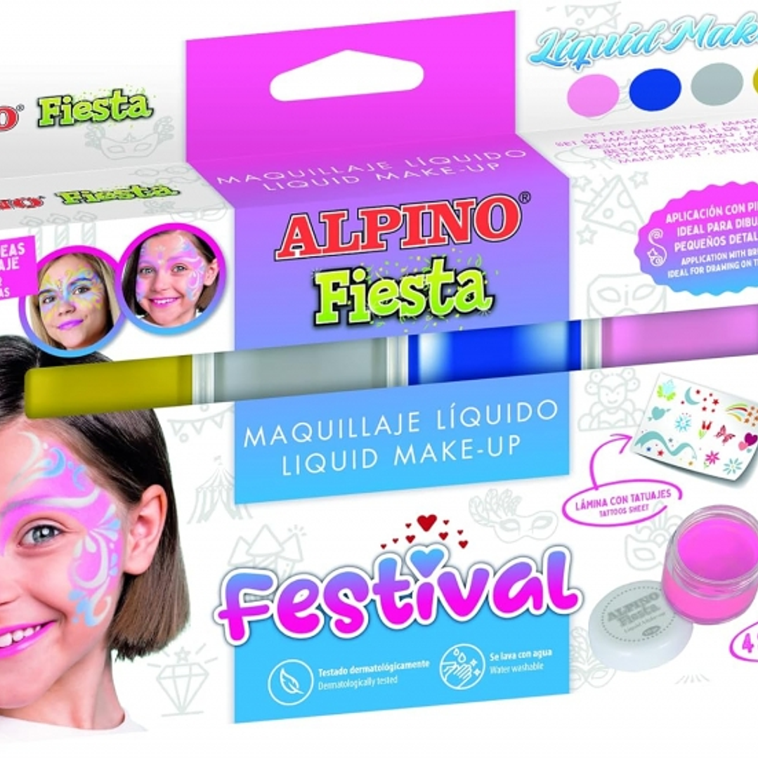 Alpino Fiesta Festival Pack de 4 Botes de Maquillaje Liquido de Diferentes Colores + Pincel + Guia de Ideas - Se Lava con Agua - Testado Dermatologica 1