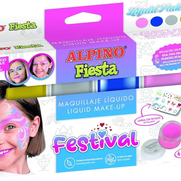 Alpino Fiesta Festival Pack de 4 Botes de Maquillaje Liquido de Diferentes Colores + Pincel + Guia de Ideas - Se Lava con Agua - Testado Dermatologica 1
