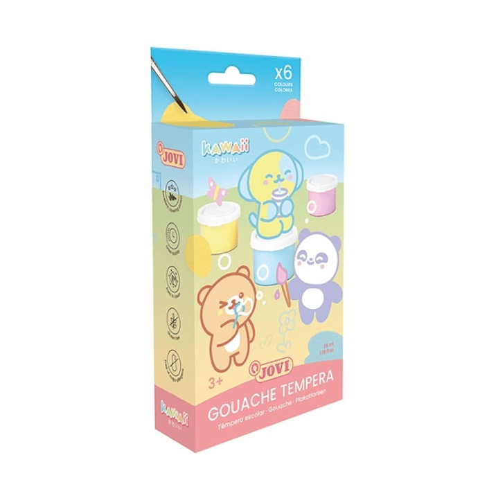 Jovi Kawaii Pack con 6 Botes de Tempera 35ml + Pincel - Secado Rapido - Excelente Adherencia - Lista para Usar - Colores Surtidos 1