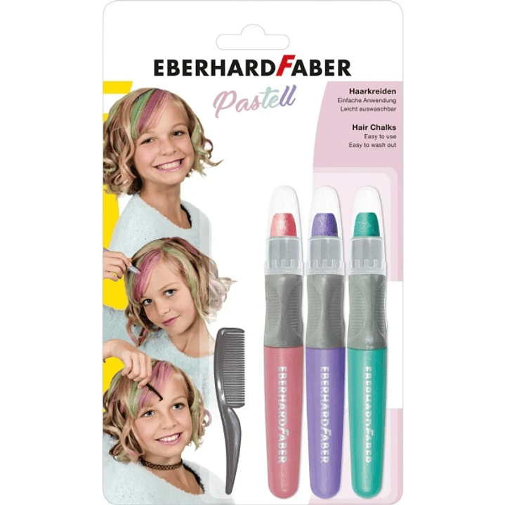 Eberhard Faber Pack de 3 Tizas Pastel para el Cabello + 1 Mini Peine - Aplicar sobre el Cabello Seco - Utilice el Peine para Dispensar el Color - Faci 1