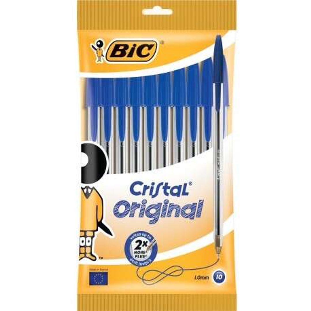 Bic Cristal Original Pack de 10 Boligrafos de Bola - Punta Redonda de 1.0mm - Trazo 0.4mm - Tinta con Base de Aceite - Color Azul 1