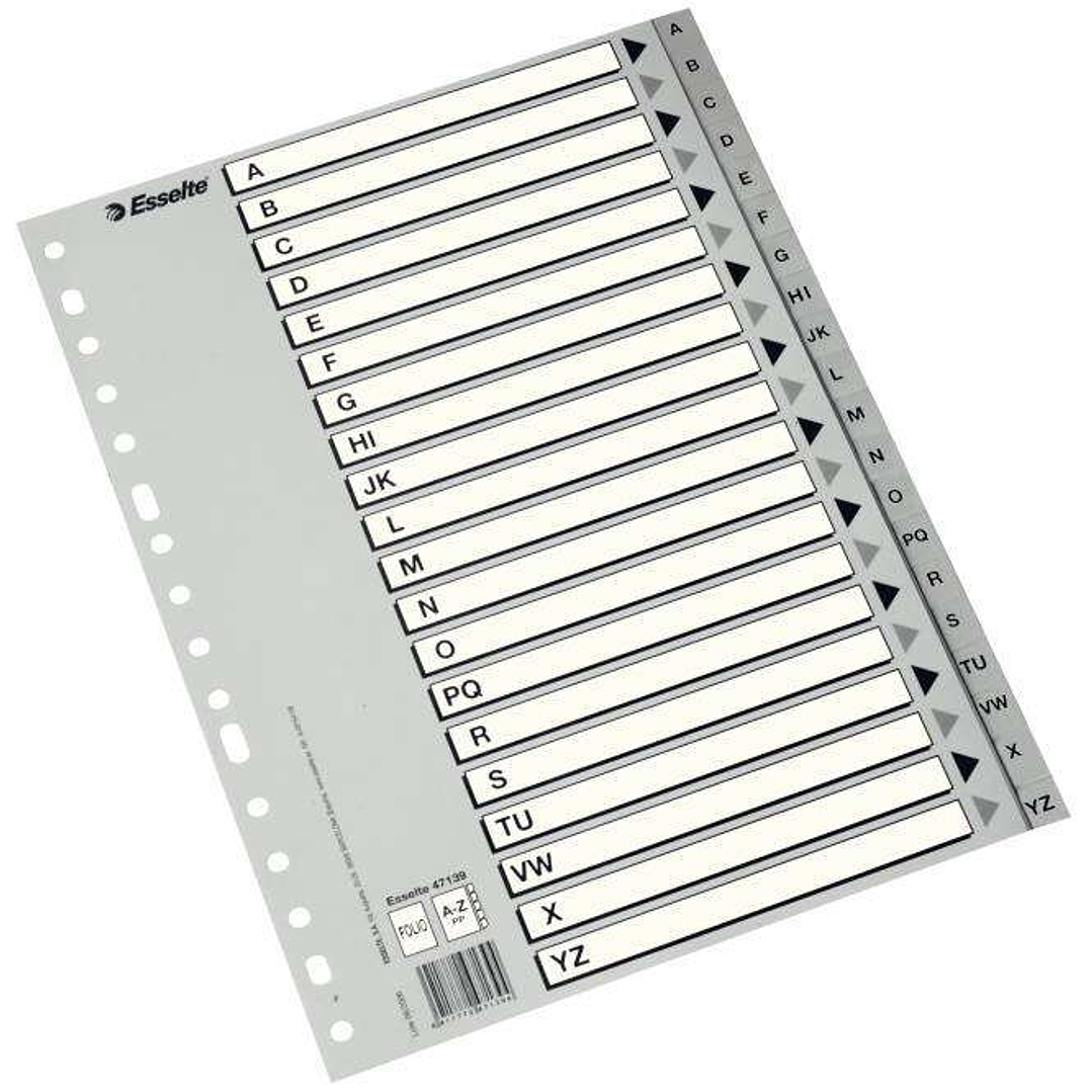 Esselte Indice Abecedario de Plastico con Caratula Indice A4 - Tipo A-Z - Cartulina Indice: Carton Blanco y Negro Gris - Color Gris 1