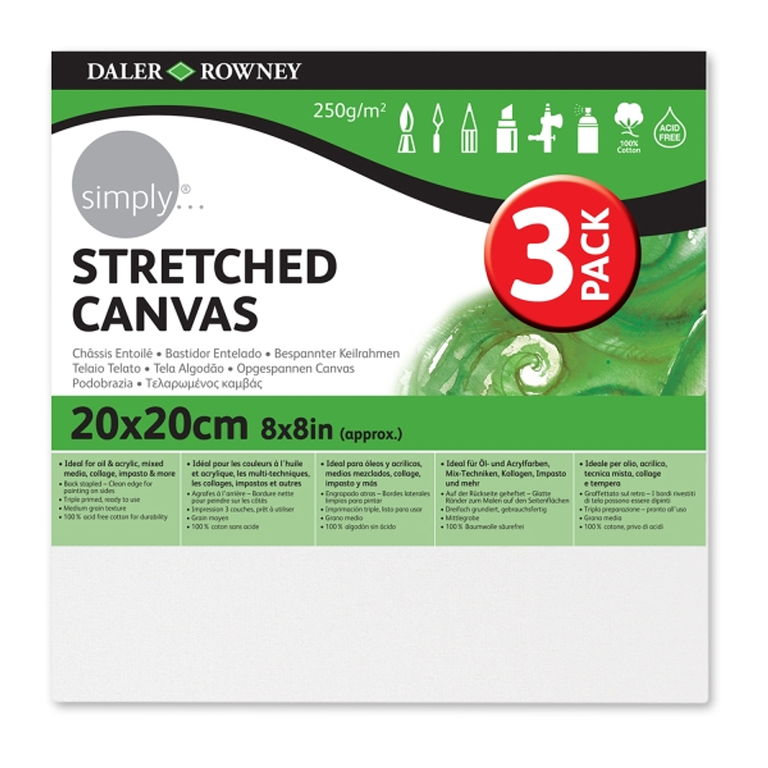 Daler Rowney Simply Pack de 3 Bastidores Entelados- 20x20cm - Imprimacion Triple - Grano Medio - 100% Algodon sin Acido - 250g - Color Blanco 1