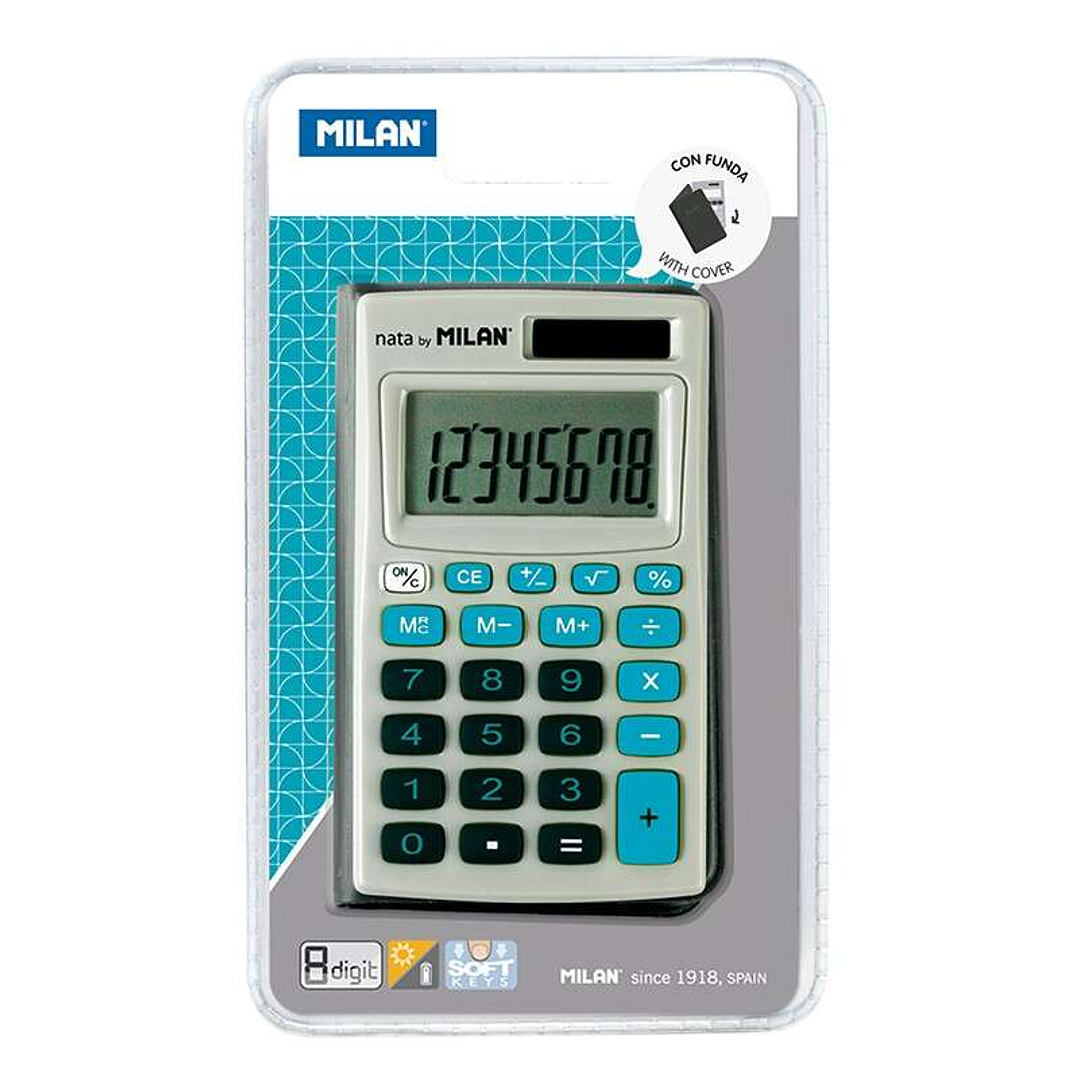 Milan Calculadora de Bolsillo 8 Digitos - 3 Teclas de Memoria y Raiz Cuadrada - Apagado Automatico - Incluye Funda - Color Gris y Azul 1