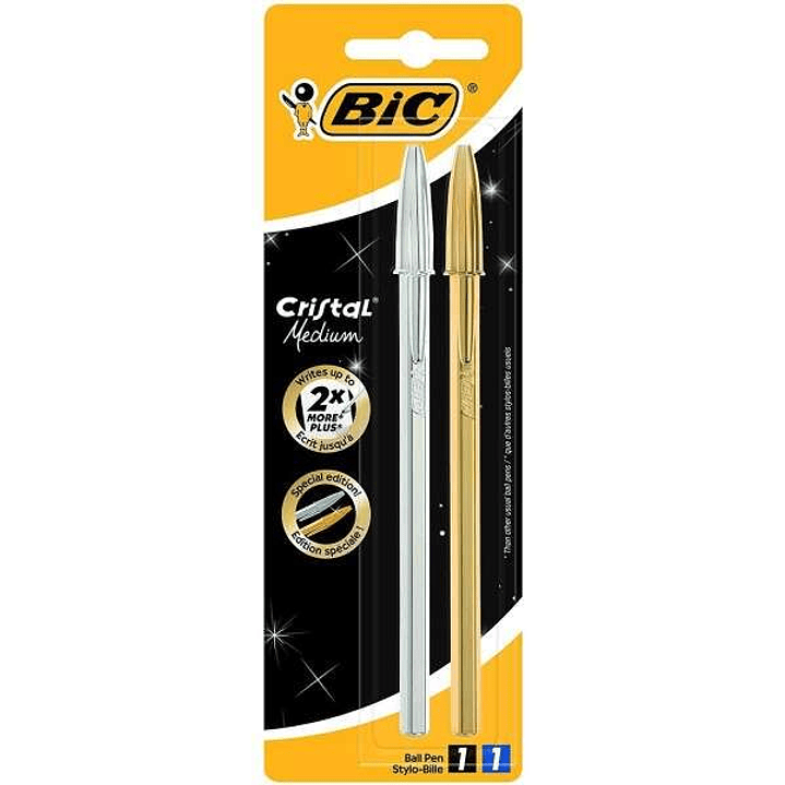 Bic Cristal Shine Pack de 2 Boligrafos de Bola - Punta Media de 1.0mm - Tinta con Base de Aceite - Cuerpo Plateado y Dorado - Color Azul y Negro 1