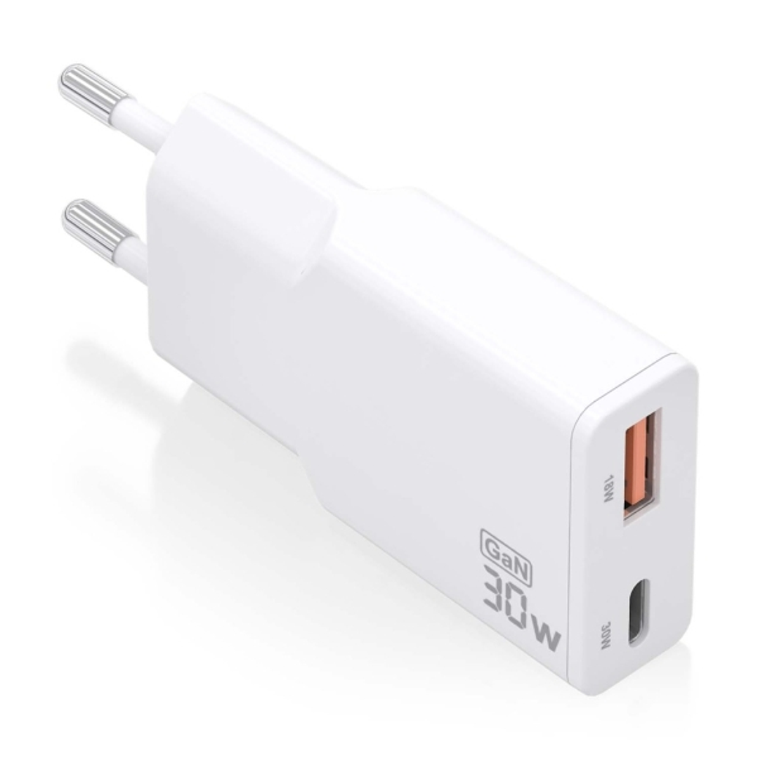 Aisens Cargador GaN Ultra Delgado 30W - 1xUSB-C PD3.0 QC4.0 - 1xUSB-A QC3.0 - Color Blanco 1