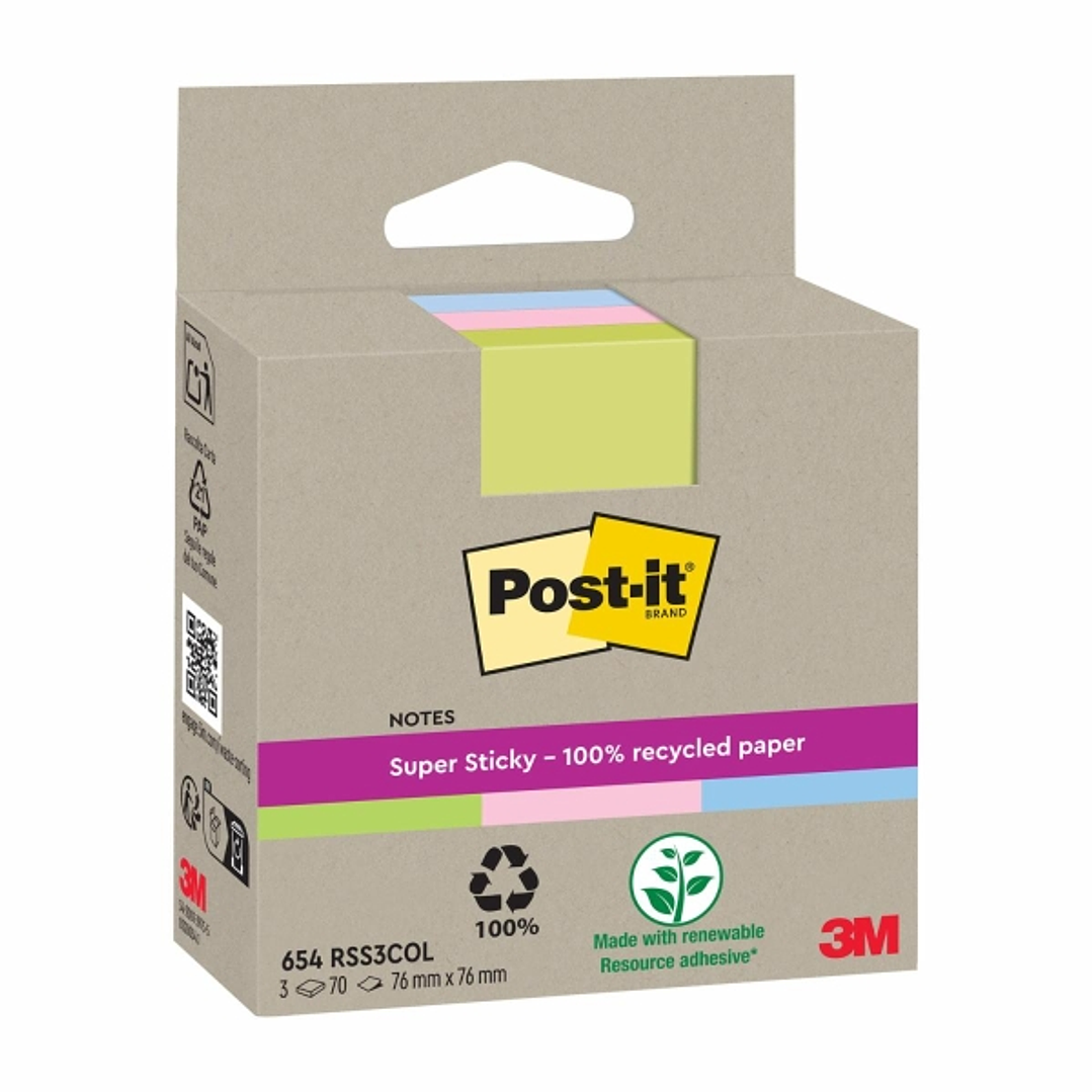 Post-It Super Sticky Pack de 3 Blocs de 70 Notas Adhesivas Recicladas - Forma Cuadrada - 76x76mm - Colores Surtidos 1