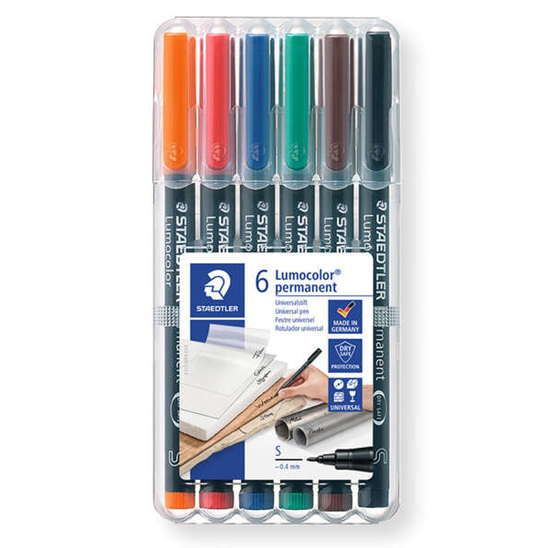Staedtler Lumocolor 317 Pack de 6 Rotuladores Permanentes - Punta Media Redonda - Trazo 1mm Aprox - Capuchon con Clip - Secado Rapido - Colores Surtid 1