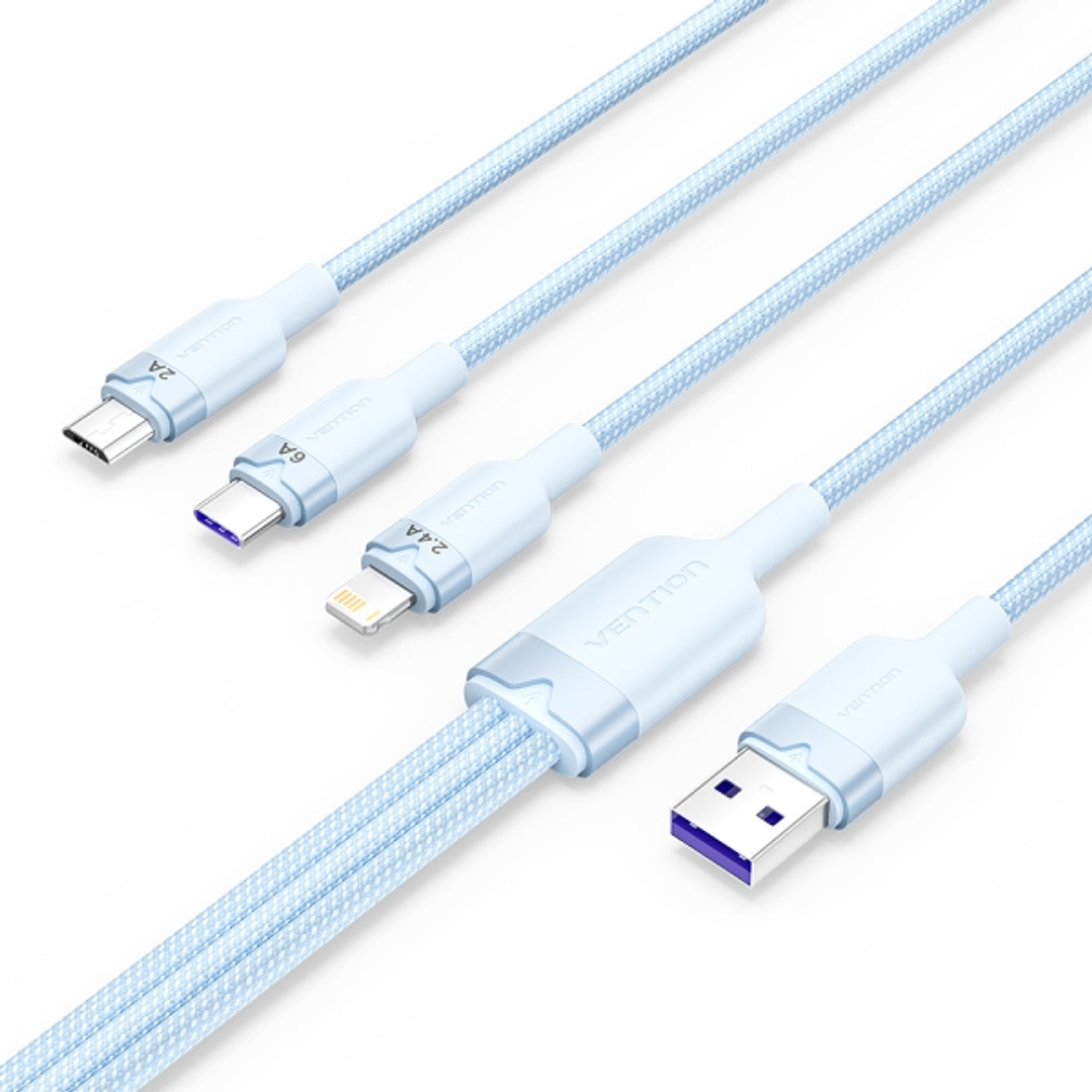 Vention Cable USB-A 2.0 a USB-C, Lightning, Micro-B 6A - 1.5m - Trenzado - Color Azul 1