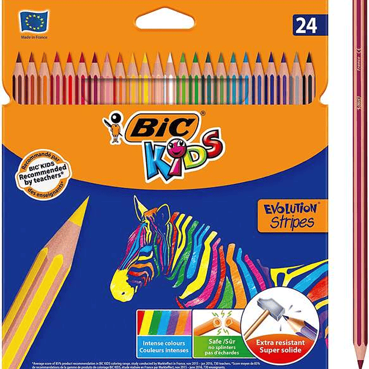 Bic Kids Evolution Stripes Caja de 24 Lapices de Colores surtidos - Fabricados en Resina - Punta Ultraresistente - Mina Pigmentada de 3.20 mm 1