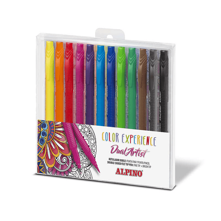 Alpino Color Experience Pack de 12 Rotuladores Doble Punta con Punta Pincel - Forma Triangular Ergonomica - Punta Fine Liner de 0.7mm y Punta Pincel d 1