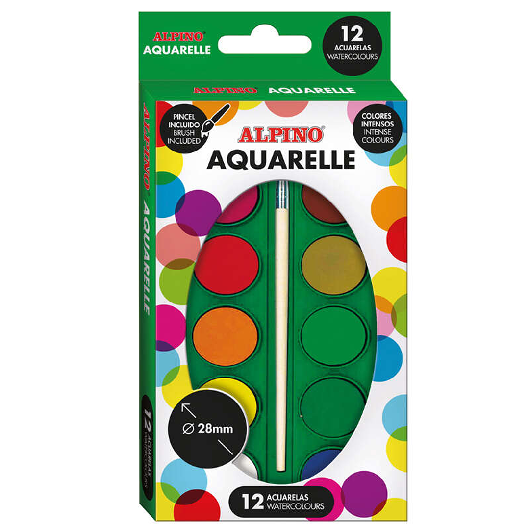 Alpino Pack de 12 Acuarelas - 28mm Diametro - Colores Intensos - Incluye Pincel - Colores Surtidos 1
