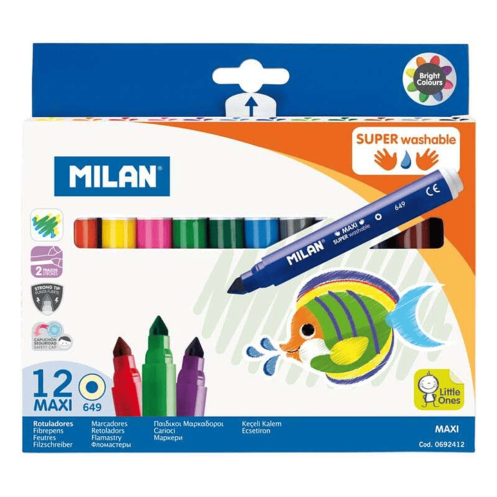 Milan Pack de 12 Rotuladores Super Lavables Maxi - Punta Conica 7.5mm - Tinta al Agua - Lavable - Colores Surtidos 1