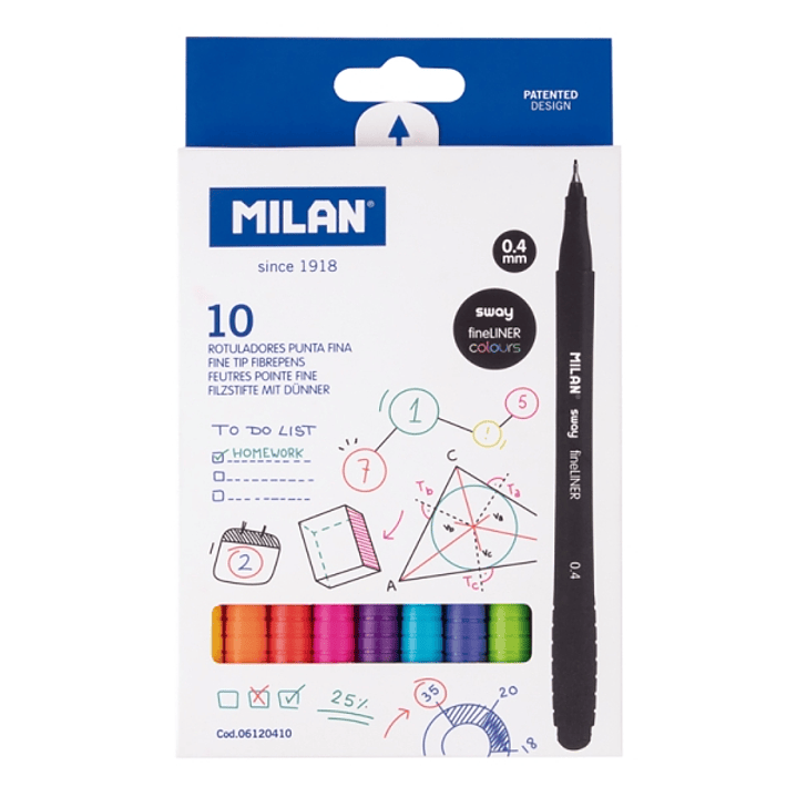 Milan Sway Fineliner Pack de 10 Rotuladores - Tinta al Agua - Punta Fina 0.4mm - Colores Surtidos 1