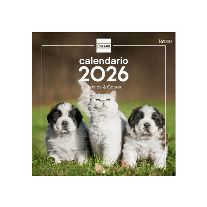 Finocam Calendario de Pared - Anual 2026 - Imagenes Variadas - 300x300mm - Espacio para Escribir - Tematica de Perros y Gatos 1