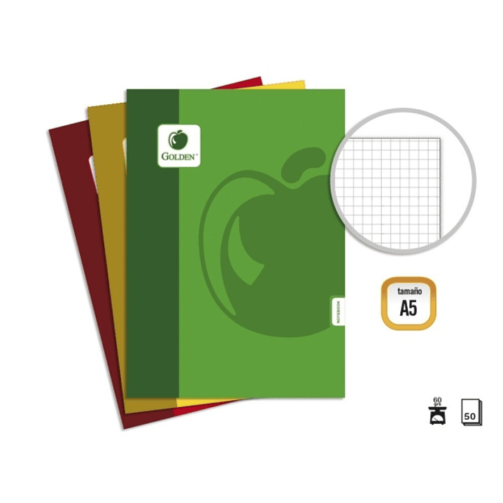 Golden Basic Pack de 10 Libretas Grapadas A5 50 Hojas 60grs Cuadricula - Colores Surtidos 1