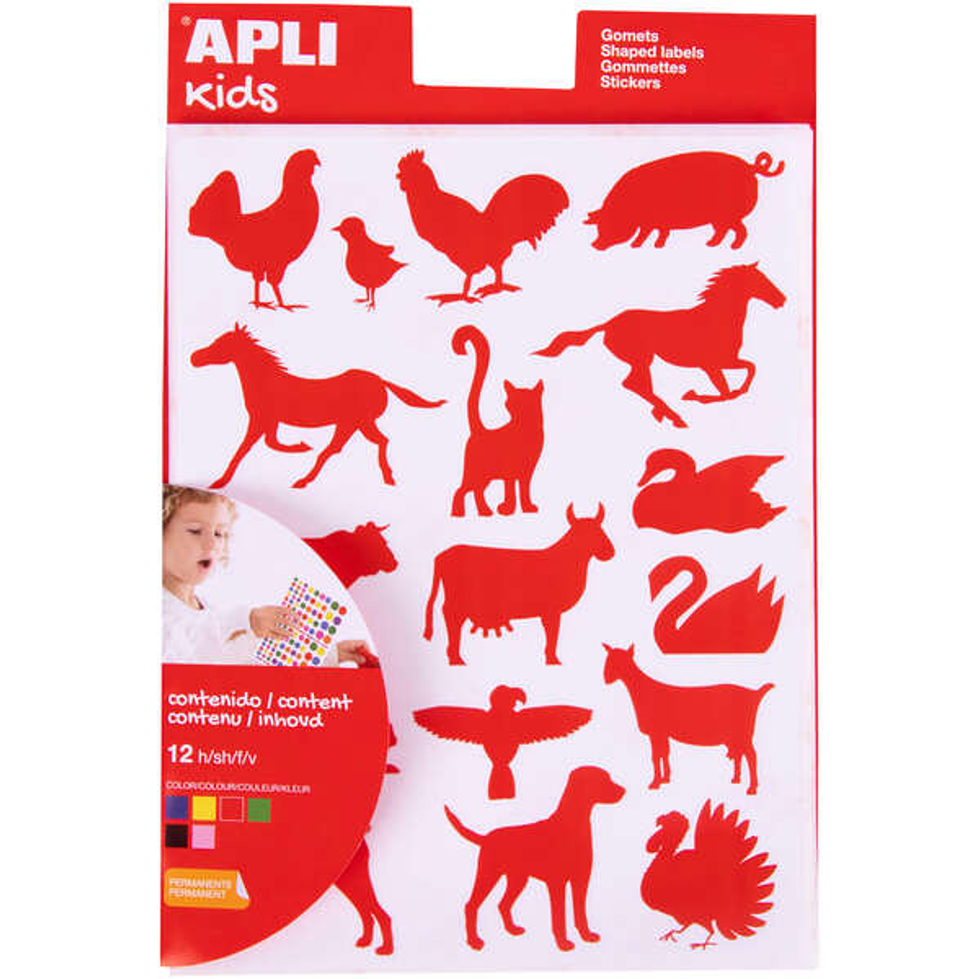 Apli Bolsa de Gomets de Adhesivo Permanente con Formas de Animales de Granja - 204 Gomets por Bolsa - Desarrolla la Psicomotricidad Fina y Cumple con  1