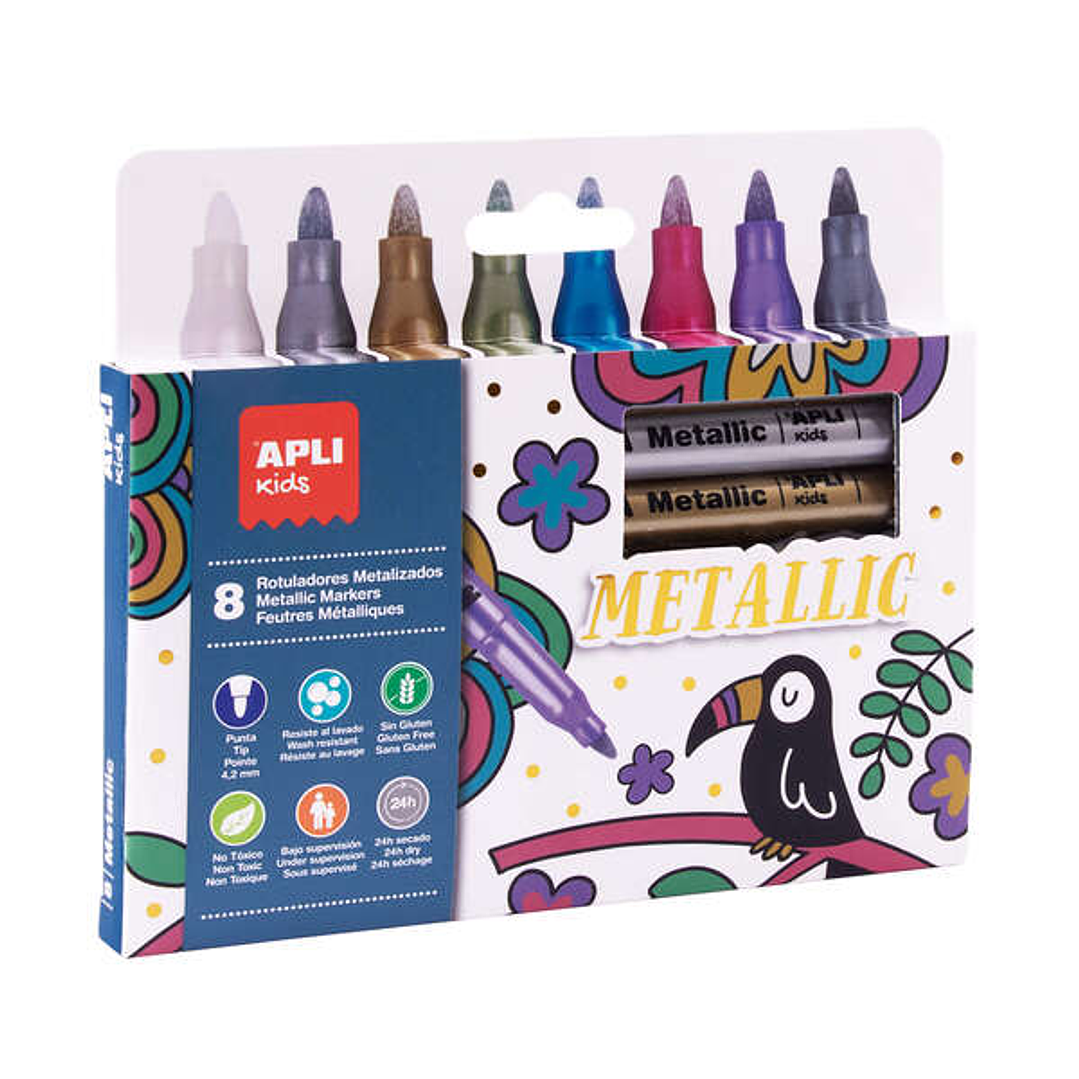 Apli Pack de 8 Rotuladores Metalizados - Cuerpo Redondo y Punta de 4.2mm - Ideal para Decorar en Papel, Carton, Ceramica, Etc - Limpieza Facil - Tinta 1