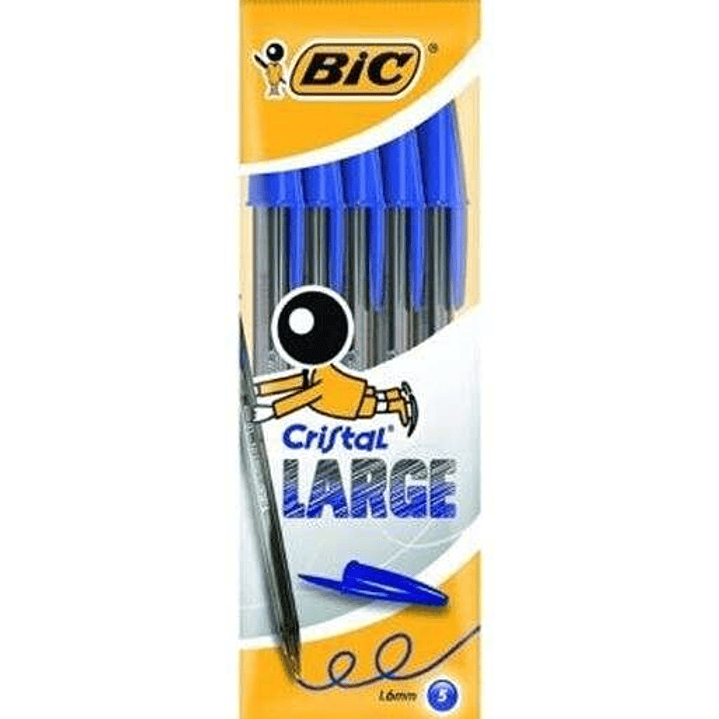 Bic Cristal Large Pack de 5 Boligrafos de Bola - Punta Redonda de 1.6mm - Trazo 0.6mm - Tinta con Base de Aceite - Color Azul 1