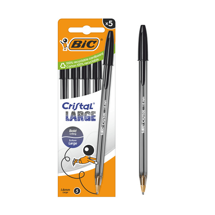 Bic Cristal Large Pack de 5 Boligrafos de Bola - Punta Redonda de 1.6mm - Trazo 0.6mm - Tinta con Base de Aceite - Color Negro 1